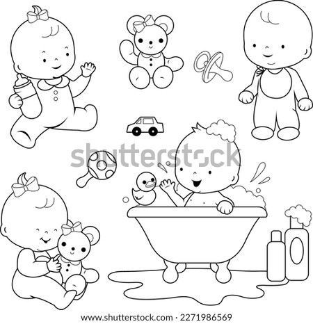 Babies taking a bath, playing, walking and drinking milk. Vector black and white coloring page.