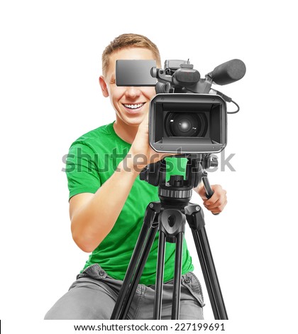 Video camera operator smile and working with his professional equipment isolated on white background