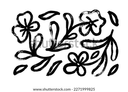 Hand drawn black paint chamomiles vector set. Ink drawing flowers and leaves in naive style, childish or primitive drawing. Black and white vector botanical illustration. Abstract blossom with stems. Royalty-Free Stock Photo #2271999825