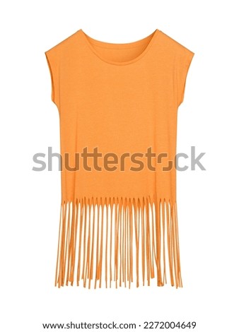 Orange blank boho style summer t-shirt with long fringes isolated on white Royalty-Free Stock Photo #2272004649