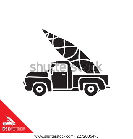 Freshly picked Christmas tree on bed of vintage pickup truck vector glyph icon 