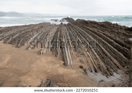 View on steeply-tilted layers of flysch geological formation on Atlantic coast at Zumaia at low tide, Basque Country, Spain