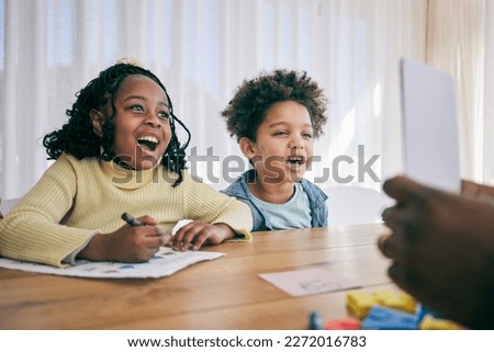 Parents help children with homework, school activity and learning at desk with paper, drawing and lesson cards. Black family, education and happy boy and girl smile for creative teaching at home