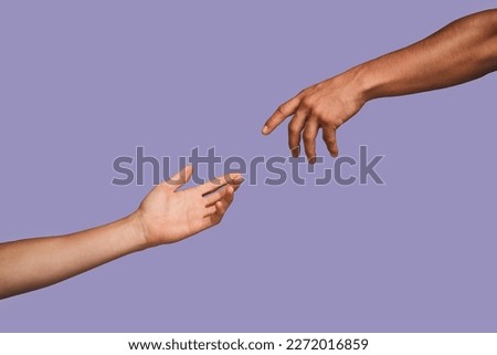 Faith, support and reaching with hands of people for community, togetherness and creation. Contact, hope and trust with touch of person for connection, rescue or spiritual symbol on studio background Royalty-Free Stock Photo #2272016859