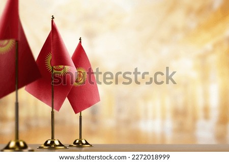 Small flags of the Kirghizia on an abstract blurry background.