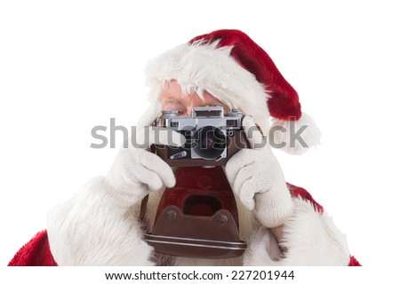 Santa is taking a picture on white background