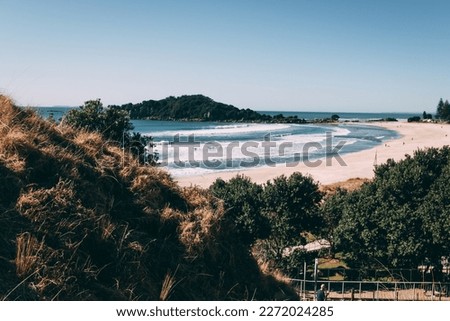 A view of a scenic sandy beach and forest island in New Zealand from the side of a mountain Royalty-Free Stock Photo #2272024285