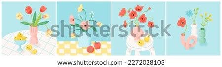 Set of still life compositions. Vector illustration of tulip and anemone bouquets in colorful vases. Blooming flowers and fruits in trendy flat style. Royalty-Free Stock Photo #2272028103