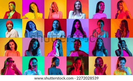 Emotions and facial expressions. Collage of ethnically diverse young women expressing different emotions over multicolored background in neon light. Concept of happiness, beauty, motivation and ad.