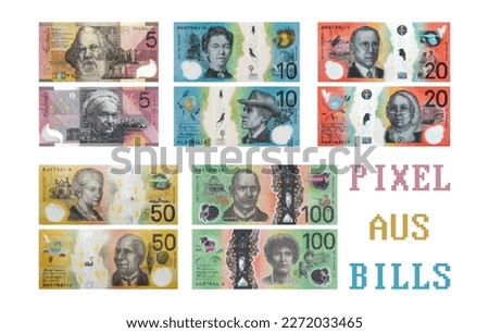 Vector plastic pixel money set of Australia. Mosaic banknotes, denominations of 5, 10, 20, 50 and 100 Australian dollars. White isolated background. Royalty-Free Stock Photo #2272033465