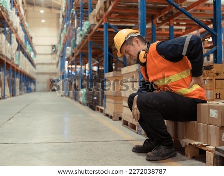 Back pain often occurs with employees who work in warehouses, Because they have to pull, lift, and push goods throughout the day of work. Royalty-Free Stock Photo #2272038787