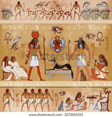 Ancient Egypt scene, mythology. Egyptian gods and pharaohs. Murals hieroglyphic carvings on the exterior walls. Vector illustration Royalty-Free Stock Photo #2272045325