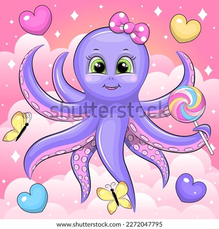 Cute cartoon octopus with rainbow lollipop. Vector illustration of an animal on a pink background with clouds. hearts and butterflies.