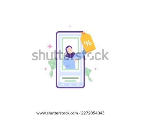 Special Promo in the Month of Ramadan. discount deals. Royalty Programs, Events, and Offers. a woman want to get and use a discount voucher or a cashback voucher. Illustration Concept Design. Vector Royalty-Free Stock Photo #2272054045