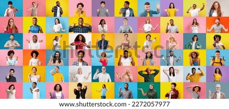 Human emotions and facial expression. Surprised excited millennial and adult diverse men and women gesturing, laughing and show signs with hands isolated on colorful background. Success, fun and win Royalty-Free Stock Photo #2272057977