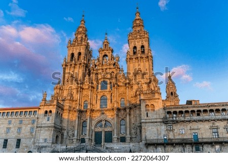 View of the facade of the Cathedral of Santiago de Compostela , at sunset, in Galicia, Spain Royalty-Free Stock Photo #2272064307