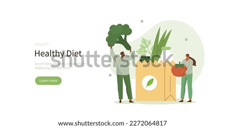 Grocery store. Characters standing near shopping bag filled with healthy, plant-based grocery food items. Healthy eating and vegan diet concept. Vector illustration.
 Royalty-Free Stock Photo #2272064817