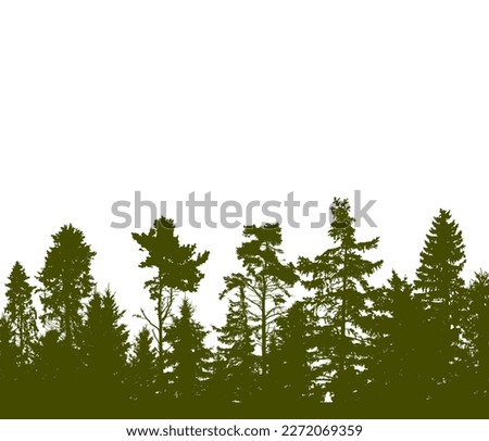 Beautiful forest, silhouette of firs, pines and different trees. Vector illustration.