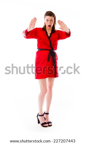 model isolated on plain background stop sign with hands