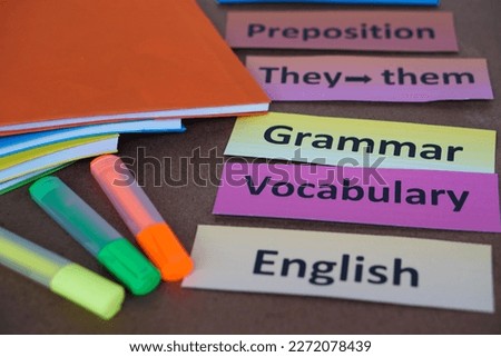 Word cards with text for teaching.    English grammar vocabulary. Concept, education, learning and studying language. English teaching materials. Old teaching style but still work.Educational items. Royalty-Free Stock Photo #2272078439