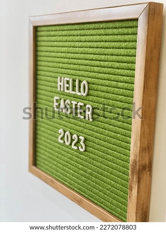 Hello Easter 2023 flatlay. Letters Hello Easter. Rustic Easter 2023