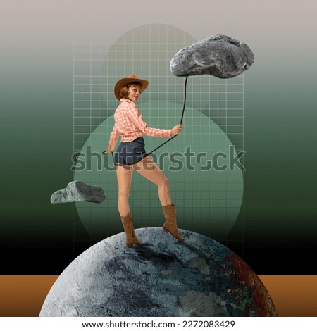 Creative surreal design in retro style. Contemporary art collage. Young woman in image of cowboy slipping on string heavy stone over abstract background. Concept of surrealism, creative vision