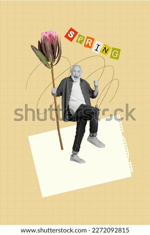 Happy adorable grandpa holding large big pink flower ready to greet wife daughter birthday anniversary valentine day occasion