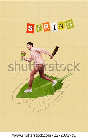 Creative artwork image collage of positive young guy hurry fast celebrate spring holidays 8 march hold bouquet champagne