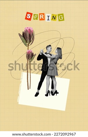Creative artwork postcard collage of glamorous love couple lady guy celebrate spring holidays 8 march event