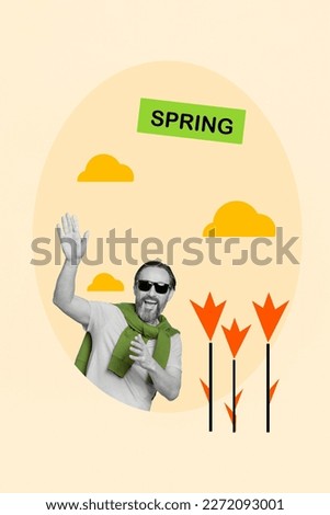 Creative picture template collage of crazy excited hipster man have fun enjoy warm spring weather on floral lawn