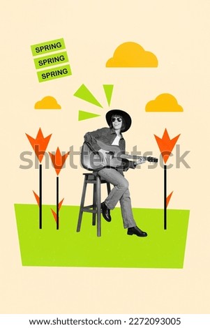 Creative poster banner collage of cool cowboy girl sitting chair have springtime performance outside countryside play guitar