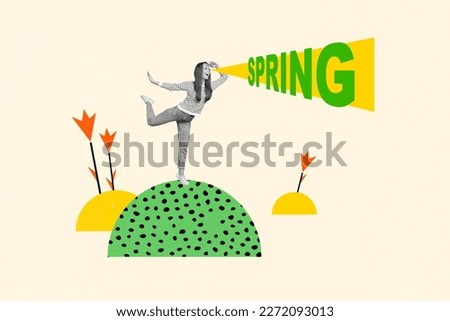 Creative poster banner collage of funky young lady stand green land with tulips flowers watch far see spring sale sunny weather