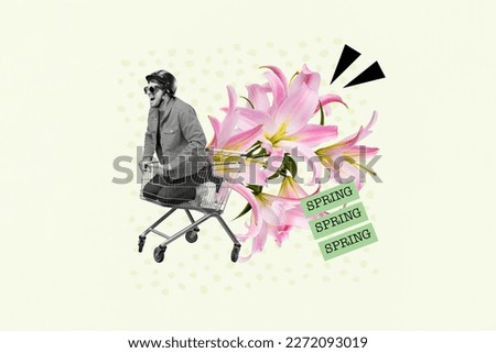 Collage montage picture excited guy driving supermarket store trolley rushing low prices shopping spring lily flowers at background