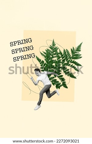 Young funny student guy rushing spring sale mall store shop have strange weird fern leaf tail isolated on art collage picture background