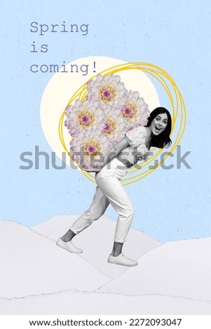 Funny shocked lady carry big flowers on back freshness concept courier delivery artwork picture collage spring is coming