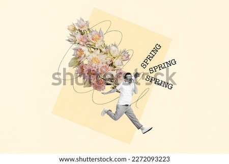 Spring Spring Spring. Collage picture of young guy runner screaming out loudspeaker share fresh rumors gossips over colorful background