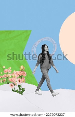Graphics collage picture young school girl walking down fairyland angel limbo above head colorful landscape countryside roses bushes