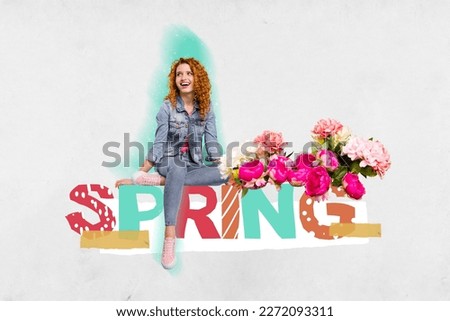 Ad collage artwork picture young girl sitting on big spring word among flowers enjoy season offer shopaholic