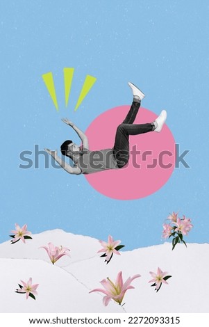 Collage picture of falling down from sky man scared look see nightmare frightened pink lily flowers growing from white snow ground