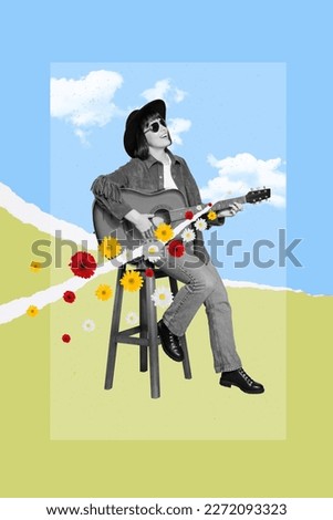 Funny blue yellow collage photo of lovely girl playing guitar solo concert perform voice talent show flowers come out strings notes