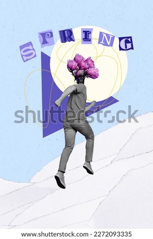 Headless guy rushing date have flowers instead head climbing up walk on last winter snow celebrating spring days collage picture
