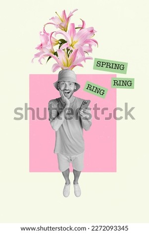 Poster banner creative collage of amazed young guy get notification smart cell flower deliver spring holidays gifts