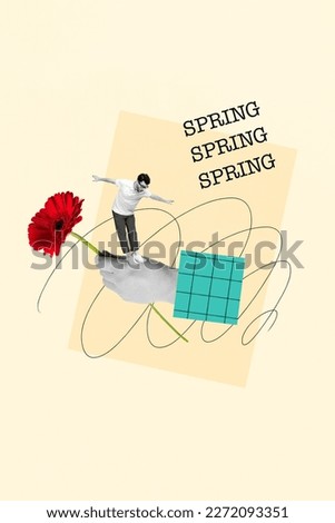Image banner poster collage of mini young guy balancing from human hand celebrate spring time holiday giving red gerbera