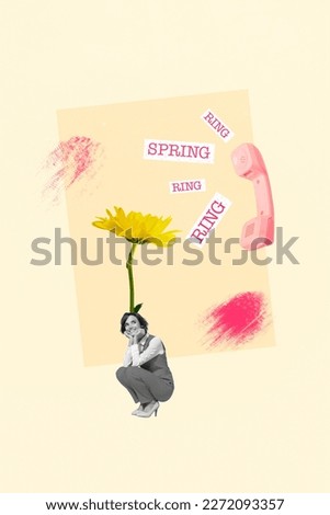 Creative banner poster collage of little lady with yellow daisy flower head sitting answer phone call spring day celebrations
