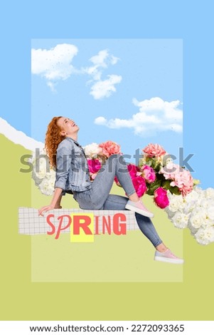 Creative 3d style collage picture youth girl sitting on big spring word enjoy sun rays her face skin love spring season wear jeans clothes