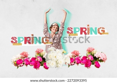 Young bride waking up among many flowers have best birthday morning international women day conceptual commercial collage photo