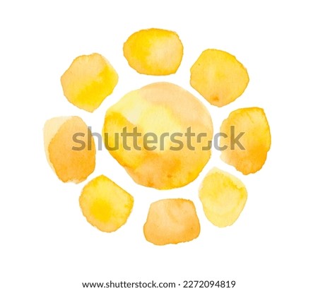 Watercolor sun isolated on white background. Sunset or rising sun illustration. Fire, tropical, flame colors round shape with watercolour stains. Orange, red and yellow circle with uneven edges.