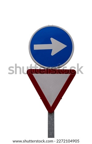 Vertical yield sign along with mandatory right turn sign above isolated on white background.