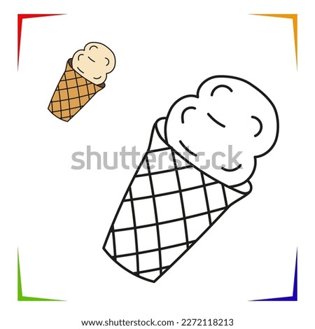 Ice cream in waffle Coloring Page. Vector Educational worksheet colored by sample. Paint game. Elements for coloring book, page, printing, design illustrations in the style of outline for kids.