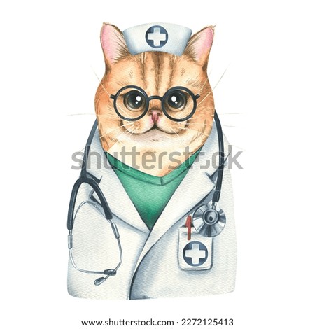 Cat breed golden chinchilla doctor with a stethoscope in a medical suit and glasses. Watercolor illustration. Isolated object from the VETERINARY collection. For the design and design.